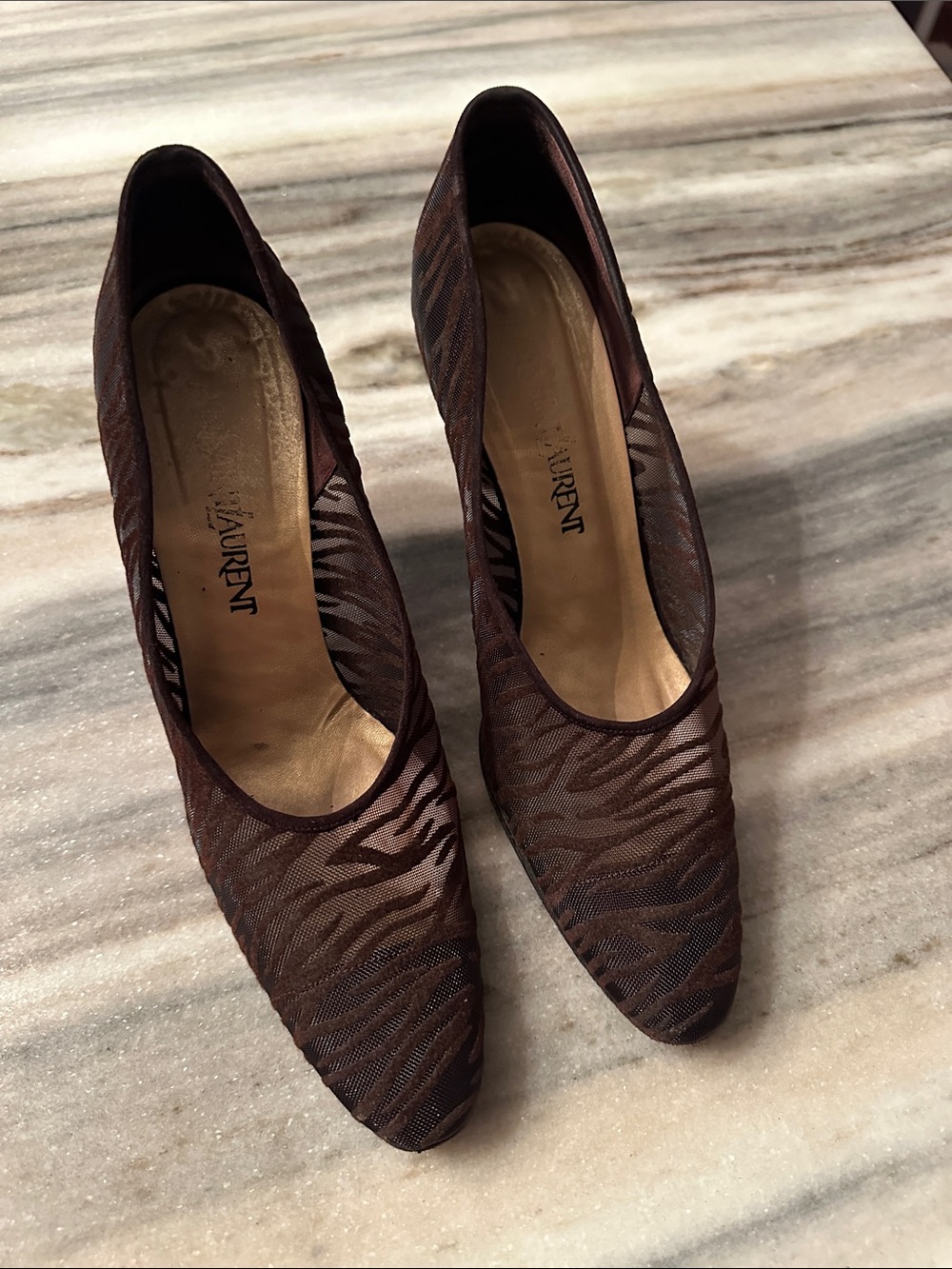 Yves Saint Laurent brown velvet burnout mesh heels
